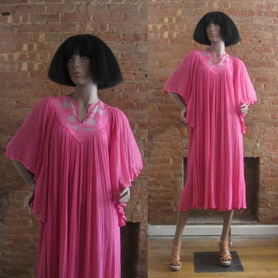 1970s rose pink boho cotton gauze dress - image 1