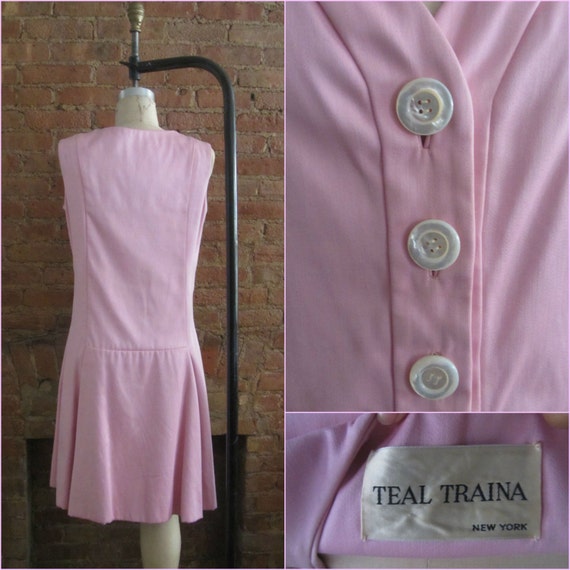 1960s Teal Traina pink drop waist dress | 60's Mi… - image 5