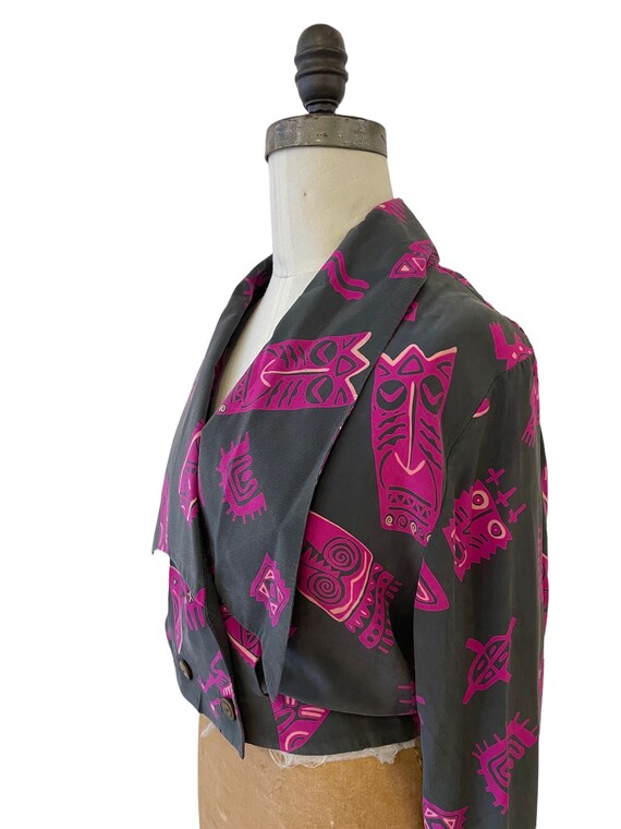 1990s silk tribal mask print blouse - image 9