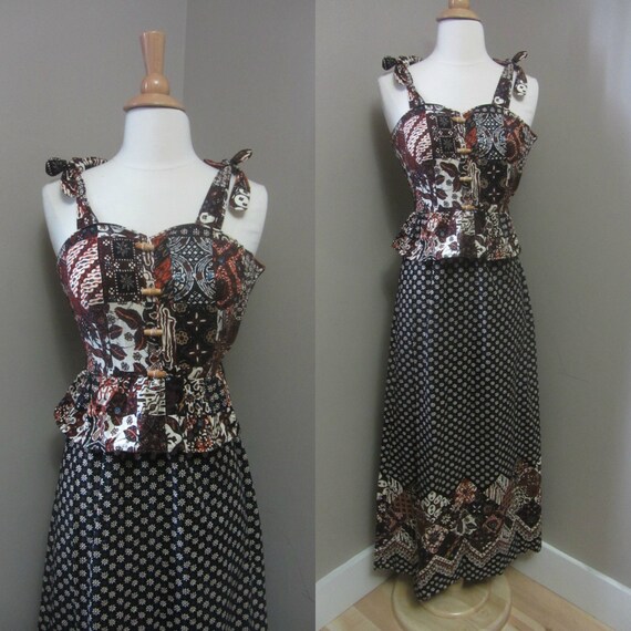 1970s paisley floral bib front maxi dress