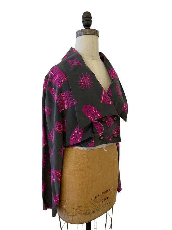 1990s silk tribal mask print blouse - image 3