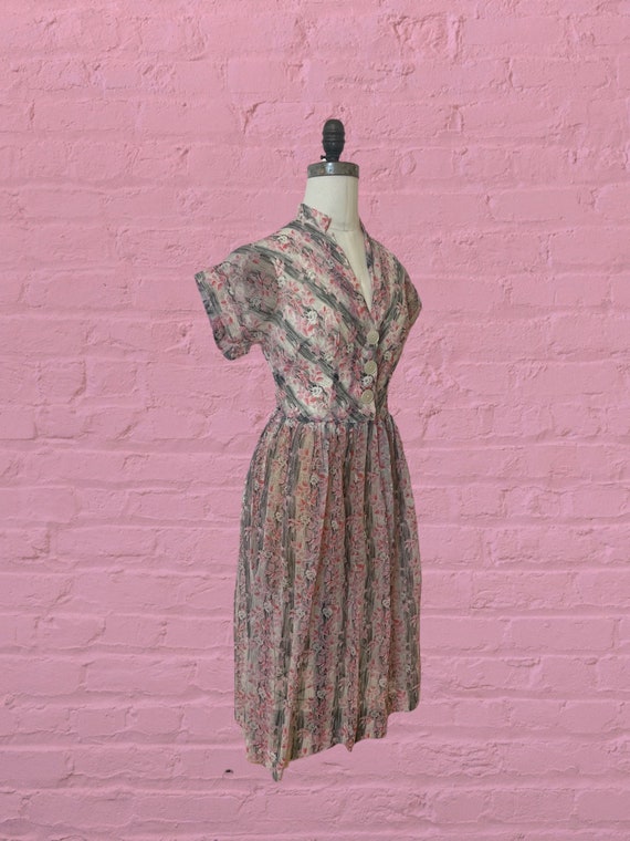 1950s voile semi sheer floral print dress • 40's … - image 4