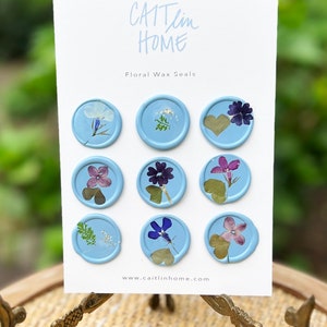Juego de sellos de cera con flores mixtas en azul polvoriento y hojas, sellos de cera para invitaciones de boda, sellos de cera de flores, sellos de cera para sobres, sellos de cera florales