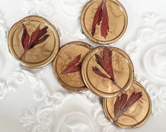 Pack of 10 | Red Anemone in Gold Wax Seal Self Adhesive, Holiday Cards wax seal, envelope wax seals, floral wax seal