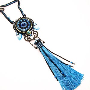 Long Tassel Necklace Turquoise and Black with Bead Embroidery, Czech Glass Button and Art Nouveau Metal Element, Long Beaded Chain