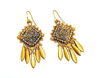 Beaded Dangle Earrings with Matt Gold Colored Glass Bead Embroidery, Square Dangles Gold, Festive and Elegant Statement Glas Earrings