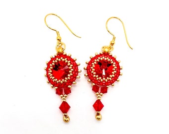 Colorful Dangle Earrings Red and Gold, Beadwoven Earrings with Crystal Glass Rivoli and Tiny Glass Beads, Gold plated 925 Silver Hooks