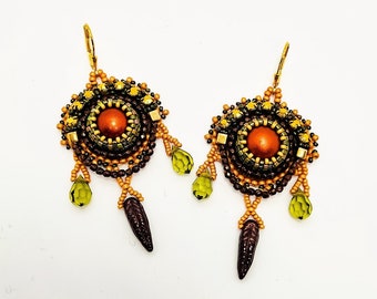 Bead Embroidery Earrings in Copper Gold and Dark Green, Autumn Glass Bead Dangles, Fall Accessories for Women