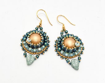 Beaded Embroidery Earrings in Gold and Teal, Turquoise Round Embroidered Boho Style Dangles, Gift Ideas for Women
