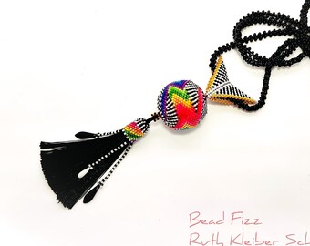 Beaded Necklace with Colorful Beaded Bead Pendant and Tassel, Long Necklace with Glass Bead Ball and Black Fringes, Rainbow Jewelry