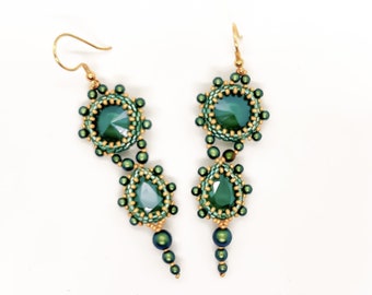 Extra long Green Earrings, Elegant Beaded Emerald Green Dangle Earrings, Very Long Statement Dangles for Women for Evening Dresses