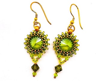 Colorful Dangle Earrings Green and Gold, Beadwoven Earrings with Crystal Glass Rivoli and Tiny Glass Beads, Gold plated 925 Silver Hooks