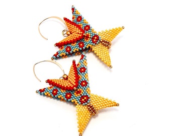 Colorful Earrings with Beaded Triangles, Glass Beads Jewelry in Red Turquoise Yellow, Bold Statement Dangles for Summer Party