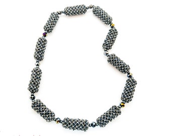 Beaded Necklace Gray Silver, Short Glass Bead Chain, Roller Shaped Beaded Beads, Extraordinary Cylinder Shaped Beads Necklace