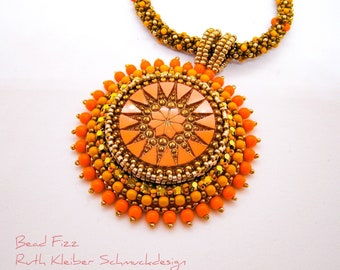 Mandala Pendant Orange and Yellow Bead Embroidered with Czech Glass Button, Long Beadwoven Necklace with Glass Beads and Round Pendant