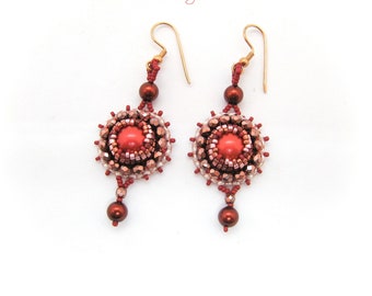 Long Red Beaded Earrings with Glass Cabochon, Red Brown Glass Beads Dangle Earrings with Round Pendant