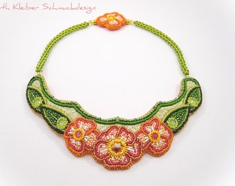 Flower Necklace with Bead Embroidery and Austrian Crystals, Green Beaded Flower Bib Necklace with Pink Embroidered Blossoms