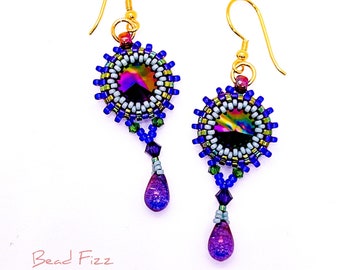 Colorful Dangle Earrings Purple Green and Gold, Beadwoven Earrings with Crystal Glass Rivoli and Glass Beads, Gold plated 925 Silver Hooks