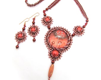 Red Bead Embroidery Necklace with Bold Glass Cabochon with Flower Motif, Red Brown Glass Bead Necklace with Round Pendant, Designer Jewelry