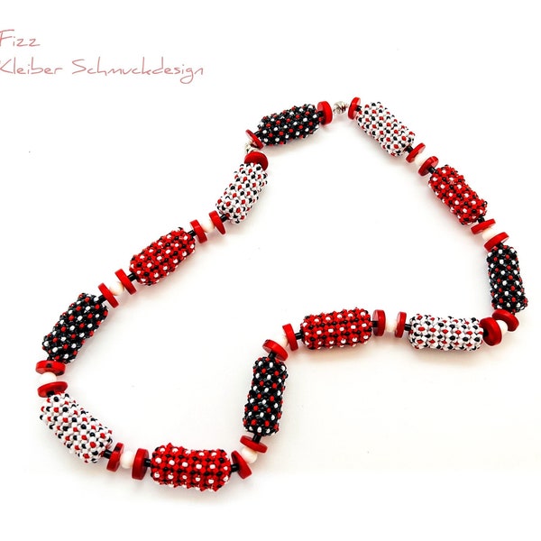 Beaded Necklace Red Black and White, Short Glass Bead Chain, Roller Shaped Beaded Beads, Extraordinary Cylinder Shaped Beads Necklace