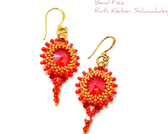 Colorful Dangle Earrings Red and Silver, Beadwoven Earrings with Crystal Glass Rivoli and Tiny Glass Beads, Gold plated 925 Silver Hooks