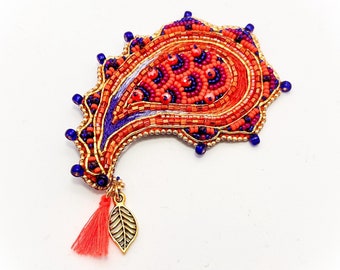 Paisley Brooch with Magnetic Clasp, Bead Embroidery Pin with Magnet as Holder, Bold Orange Purple Pink Boho Brooch, Colorful Accessory