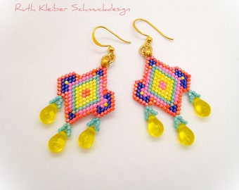 Colorful Dangle Glass Bead Earrings, Peyote Boho Dangles in Bright Summer Colors, Long Chandelier Earrings, Luminous Multicolored Jewelry