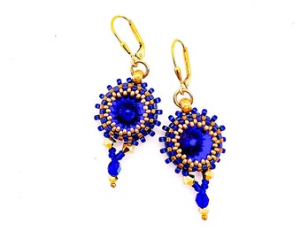 Colorful Dangle Earrings Blue and Gold, Beadwoven Earrings with Crystal Glass Rivoli and Tiny Glass Beads, Gold plated 925 Silver Hooks