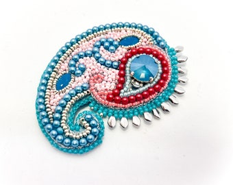Paisley Brooch with Magnetic Clasp, Bead Embroidery Pin with Magnet as Holder, Bold Turquoise and Pink Boho Brooch, Colorful Accessory