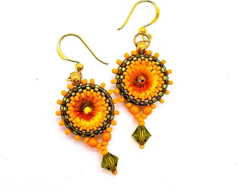 Sunflower Dangle Earrings Yellow and Green, Beadwoven Earrings with Crystal Glass Rivoli and Tiny Glass Beads, Gold plated 925 Silver Hooks