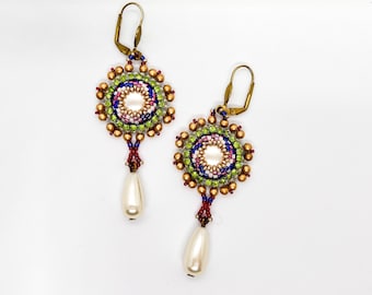 Long Dangle Earrings with Bead Embroidery, Romantic Glass Beads Earrings, Pastel Colored Beaded Dangles with Pearl Drops