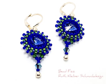 Colorful Dangle Earrings Blue Green and Silver, Beadwoven Earrings with Crystal Glass Rivoli and Tiny Glass Beads, 925 Silver Leverback