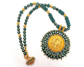 Lush Necklace with Golden Ceramic Cabochon with Mermaid, Turquoise Glass Beads Necklace, Bead Embroidery Statement Necklace with Nymph