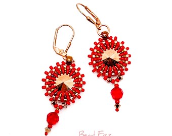 Boucles d'oreilles pendantes colorées en or rouge et rouge avec rivoli en cristal de verre or rose et perles de verre, crochets en argent 925, plaqué or, boucles d'oreilles pour tous les jours