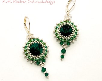 Colorful Dangle Earrings Emerald Green and Silver, Beadwoven Earrings with Crystal Glass Rivoli and Tiny Glass Beads, 925 Silver Hooks