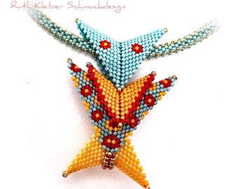 Colorful Beaded Necklace with Pendant, Beadwoven Jewelry with Glass Beads, Red Turquoise Yellow Pendant with Chain Either Red or Turquoise
