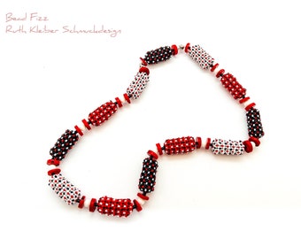 Beaded Necklace Red Black and White, Short Glass Bead Chain, Roller Shaped Beaded Beads, Extraordinary Cylinder Shaped Beads Necklace
