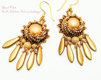 Beaded Dangle Earrings with Matt Gold Colored Glass Bead Embroidery, Round Dangles Gold, Festive and Elegant Statement Glas Earrings