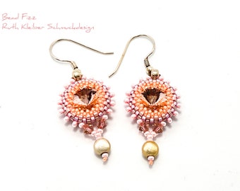 Colorful Dangle Earrings Pink Salmon and Silver, Beadwoven Earrings with Crystal Glass Rivoli and Tiny Glass Beads, 925 Silver Hooks