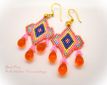 Colorful Dangle Glass Bead Earrings, Peyote Boho Dangles in Bright Summer Colors, Long Chandelier Earrings, Luminous Multicolored Jewelry