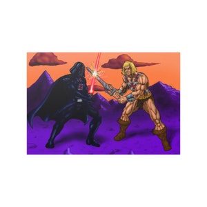 May include: An illustration of a battle scene featuring Darth Vader and He-Man. Darth Vader, in a black suit and cape, clashes with He-Man, who is wielding a sword. The background features a purple landscape and an orange sky.