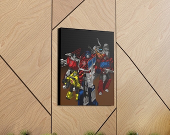 Puede incluir: Un grupo de cinco robots Transformers sobre un fondo negro. Los robots están en varias poses, algunos de pie y otros en el aire. Los robots son de diferentes colores, incluyendo rojo, azul, amarillo y gris. Los robots están todos detallados con diseños y características intrincadas.