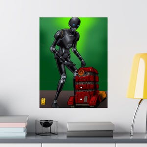 May include: Poster featuring a black droid with blue eyes and a red and orange droid. The black droid is holding a weapon and is standing next to the red droid. The background is green.