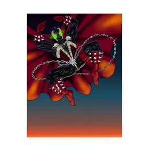 May include: Illustration of Spawn, a comic book character, in a dynamic pose. He is clad in a black suit with white accents, a red cape, and spiked gauntlets. His glowing green eyes and chains add to the dramatic effect against a gradient background.