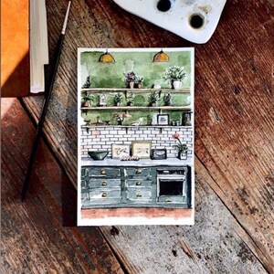 May include: Watercolor painting of a kitchen interior with green cabinets, white subway tile backsplash, and open shelves with plants. The kitchen has a green and white color scheme and features a vintage oven and a farmhouse sink.