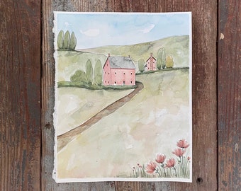 Original Watercolor Painting - Pink House - Countryside - Pink Decor - Blush Decor - Cute Nursery Decor - Little Girl's Room