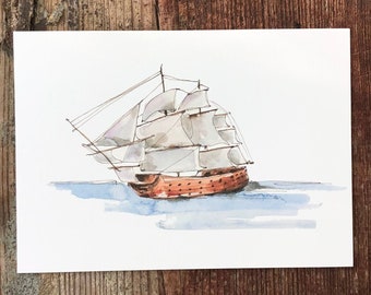 Watercolor Tall Ship Illustration Print - 5x7 or 8x10 - Watercolor Sketch Art Print Nautical Decor