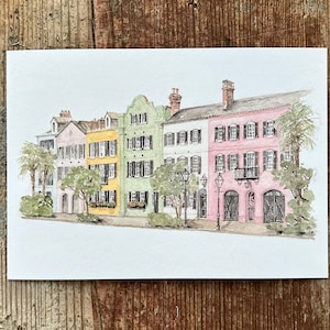 Charleston Rainbow Row Watercolor - 5x7 OR 8x10 Watercolor Sketch Print - Charleston, South Carolina Watercolor Painting
