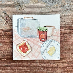 Original Watercolor Breakfast Painting: Toaster, Jam, Coffee - Kitchen Art (4x4)