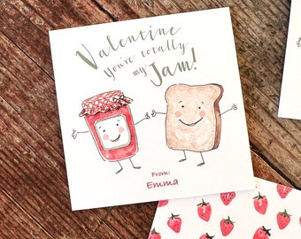Valentines - "You're totally my jam!"  - Watercolor Toast and Jam Illustration,  Set of Valentines Cards or Stickers - Strawberry Valentines